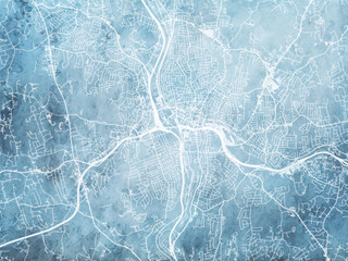 Illustration of a map of the city of  Waterbury Connecticut in the United States of America with white roads on a icy blue frozen background.