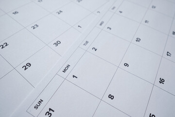 Monthly calendar. Calendar with date on paper. Day planner. Schedule of the week, month and year....