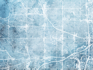 Fototapeta premium Illustration of a map of the city of Westminster Colorado in the United States of America with white roads on a icy blue frozen background.