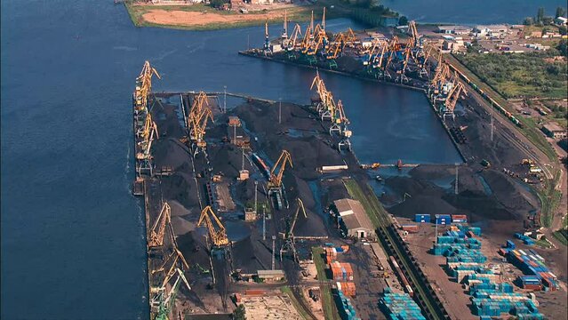 aerial wide shot of coal transshipment port in Riga, view from above