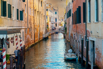Italy, Venice's architecture, landmarks and canals where gondolas take tourists around.