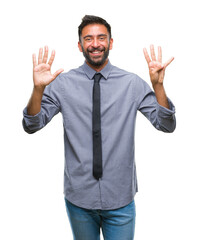 Adult hispanic business man over isolated background showing and pointing up with fingers number nine while smiling confident and happy.