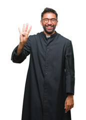 Adult hispanic catholic priest man over isolated background showing and pointing up with fingers number four while smiling confident and happy.