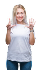 Fototapeta na wymiar Young blonde woman over isolated background showing and pointing up with fingers number seven while smiling confident and happy.