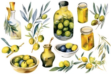 Watercolor olive and olive oil clipart on white background Generative AI