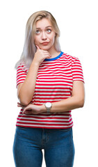 Young blonde woman over isolated background with hand on chin thinking about question, pensive expression. Smiling with thoughtful face. Doubt concept.