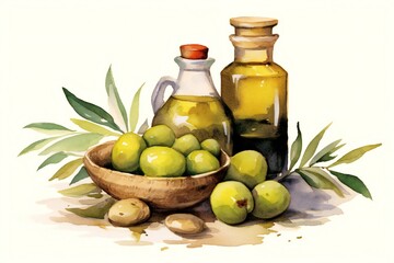 Watercolor olive and olive oil clipart on white background Generative AI