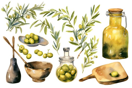 Watercolor Olive And Olive Oil Clipart On White Background Generative AI