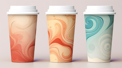 Three abstract coffee shop cup takeaway design on neutral pastel background, modern coffee shop cup design