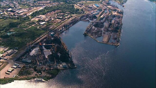 aerial wide shot of coal transshipment port in Riga, view from above