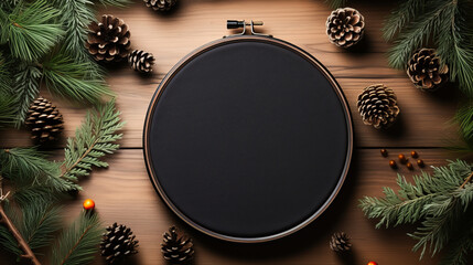 Embroidery hoop with empty black color canvas, background image, flat lay, Christmas scenery - obrazy, fototapety, plakaty