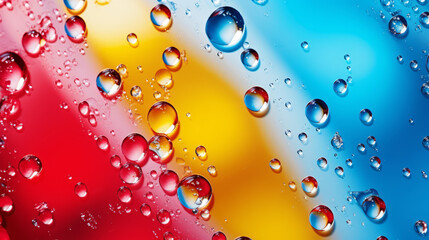 Colorful liquid drops water background with red , blue and yellow liquid colors