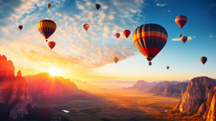 Many colorful hot air balloons in the sky over the mountains at sunrise