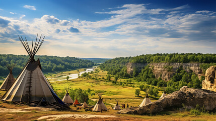 View of an indian native american village with teepee tents - obrazy, fototapety, plakaty