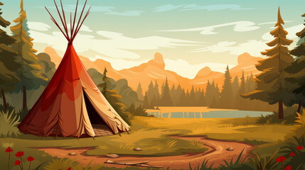 Illustration of an indian native american village with teepee tents
