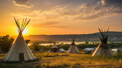 View of an indian native american village with teepee tents