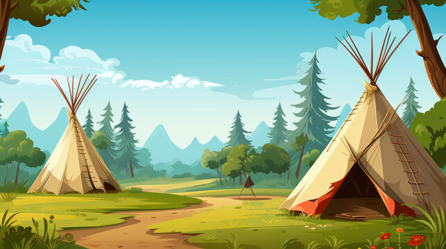 Illustration of an indian native american village with teepee tents