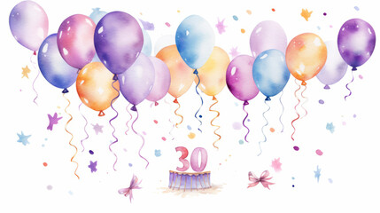 Watercolor 30th birthday clip art with 30 figures and balloons isolated on white background