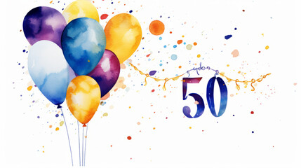 Watercolor 50th birthday clip art with 50 figures and balloons isolated on white background