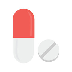 Red and white pill icon. Flat vector illustration of red and white pill.