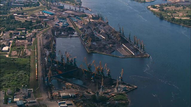 aerial wide shot of coal transshipment port in Riga, view from above
