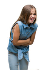 Fototapeta premium Young beautiful girl over isolated background with hand on stomach because nausea, painful disease feeling unwell. Ache concept.
