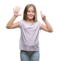 Young beautiful girl over isolated background showing and pointing up with fingers number six while smiling confident and happy.