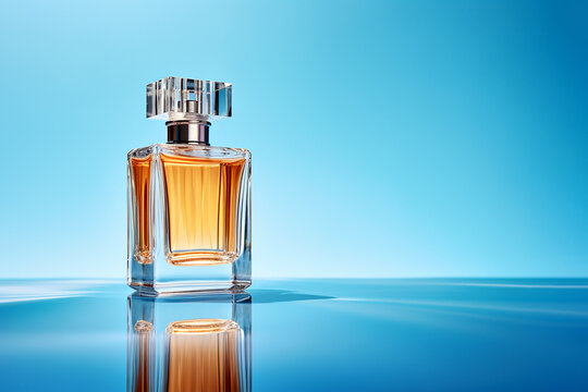 Transparent bottle of perfume on pastel background. Fragrance presentation, daylight, trending minimal studio shot, perfumery, luxury fragrance. Natural materials and shadows. AI generated