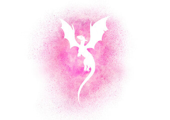 White dragon on water colour pink splashes clipart transparent background 