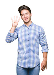 Fototapeta premium Young handsome business man over isolated background showing and pointing up with fingers number four while smiling confident and happy.