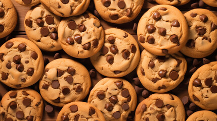 Chocolate chip cookies texture background. Traditional American pastry dessert treats. Milk chocolate tasty biscuits snack close up photo