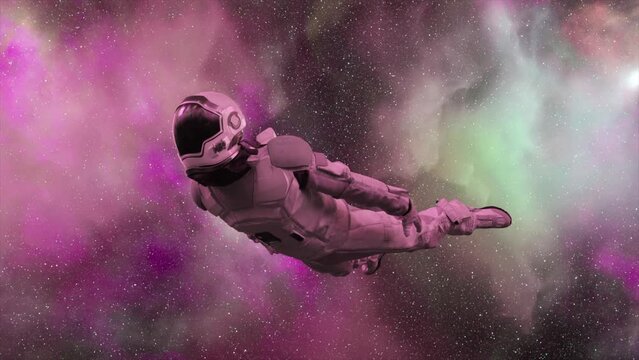 Astronaut flies past purple clouds. Space. Space suit. neon color. The clouds revolve around the astronaut. Milky Way.