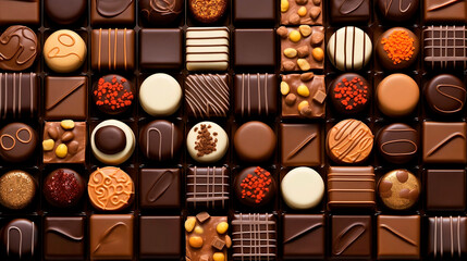Different chocolate sweets rows in a box. Delicious milk choco sugar dessert treats. Close up...