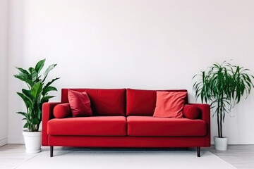 Large red couch with red pillows and two plants. Contemporary living room design. home decor and furniture concept. 