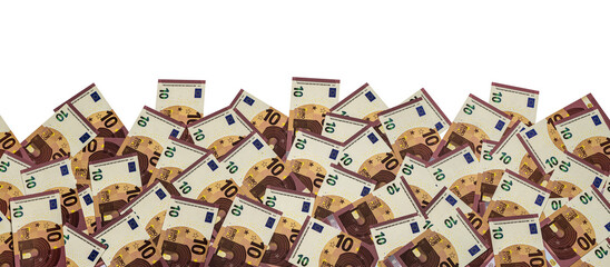 a heap of 10 euro banknotes on transparent background PNG file for banner, panorama or border