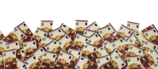 a heap of 10 euro banknotes on transparent background PNG file for banner, panorama or border