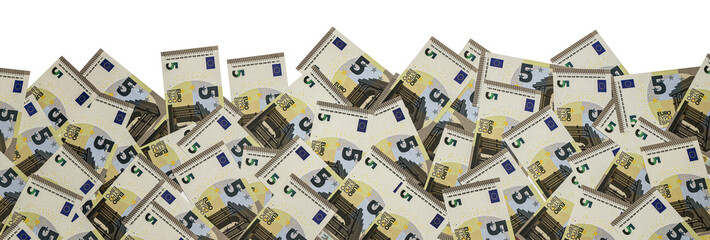 a heap of 5 euro banknotes on transparent background PNG file for banner, panorama or border