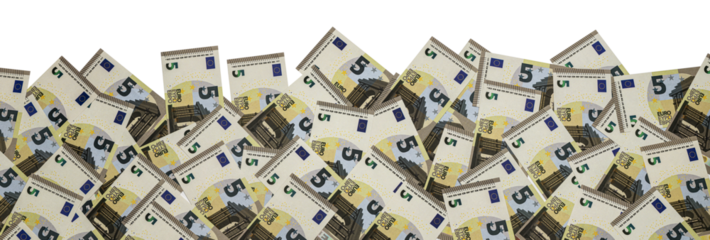 a heap of 5 euro banknotes on transparent background PNG file for banner, panorama or border