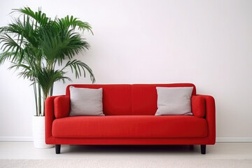 Large red couch with white pillows and a plant. Living room home decor. Interior design concept. 
