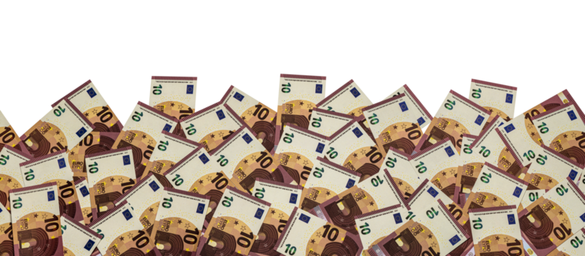 a heap of 10 euro banknotes on transparent background PNG file for banner, panorama or border