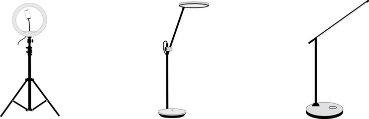 lamp light studio spotlight on tripod icon in black flat glyph,on white background, blogger, camera on tripod,ring lamp for video light