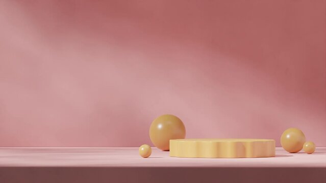 shiny yellow color cylinder podium looping seamless shadow animation with pink wall and sphere décor, 3d video rendering scene mockup