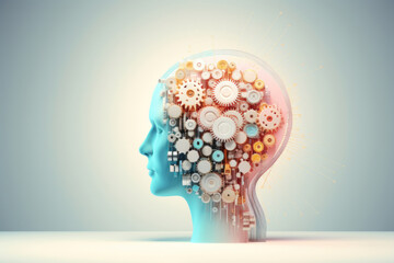 Illustration d'une tête humaine de profil avec des rouages et engrenages comme cerveau pour symboliser la pensée, la réflexion sur un fond uni pastel 