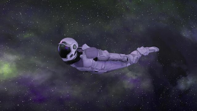 Space concept. An astronaut in a spacesuit flies through outer space. Universe. Galaxy. 3d animation of a seamless loop
