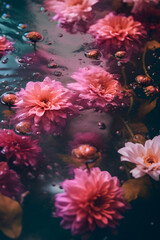 Fototapeta na wymiar Delicate pink spring blossoms in the water. Romantic aesthetic natural concept. Aesthetic surreal flower layout.