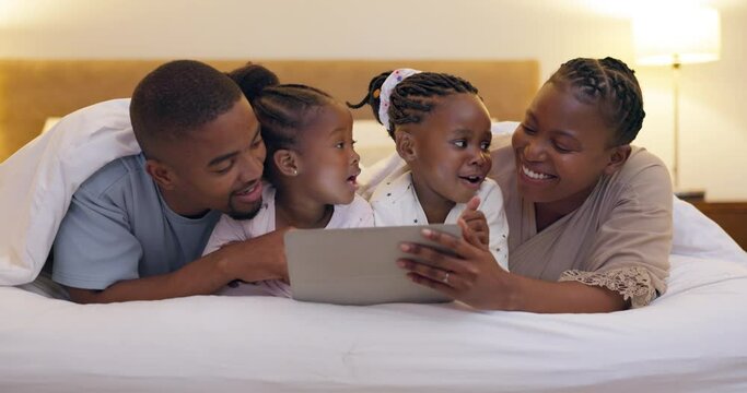 Technology, African family with tablet and in bedroom of their home for support. Love or bonding time, connectivity or social media and happy black people streaming a movie on a show app together
