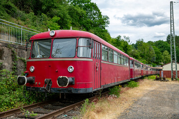 old red train in station Linz am rijn in germany