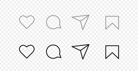 Icon UI set on transparent backdrop. Like, comment, send, save on background. Social media symbols in light and dark colours. Social media interface icon app. Vector illustration.