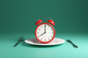 Red alarm clock pointing at 8 o'clock on white plate with fork and knife on each side on green background. Illustration of the concept of the importance of breakfast