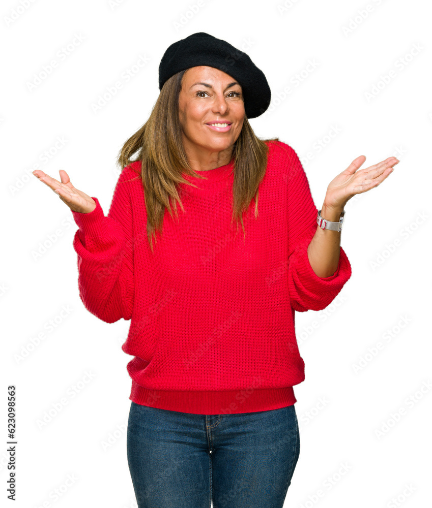 Wall mural Middle age adult woman wearing fashion beret over isolated background clueless and confused expression with arms and hands raised. Doubt concept. - Wall murals